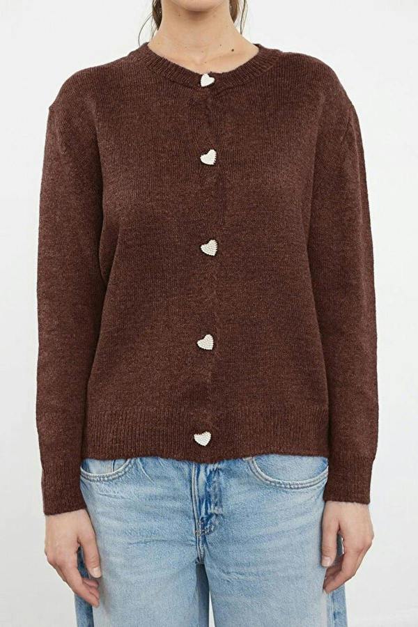 WOVCOR Soft-Textured Knit Cardigan with Jewelry Button Detail