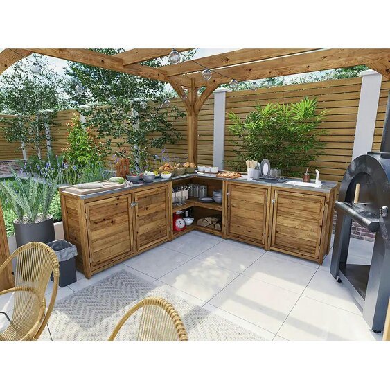 Dunster House Garden Kitchen with Right Side Sink, W2m x D2m / W7' x D7', With Stainless Steel Countertop, UNIT III