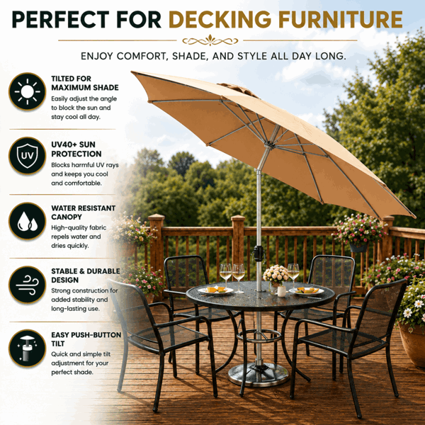GlamHaus Tilting Garden Parasol Table Umbrella 2.7M with Crank Handle, UV40 Protection, Includes Protection Cover - Sand