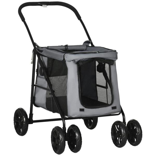 Grey 4-wheel pet stroller with mesh sides, open front window, and padded seat