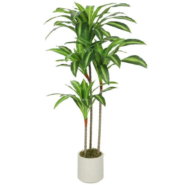 Artificial dracaena tree with bendable trunks, green leaves in white pot