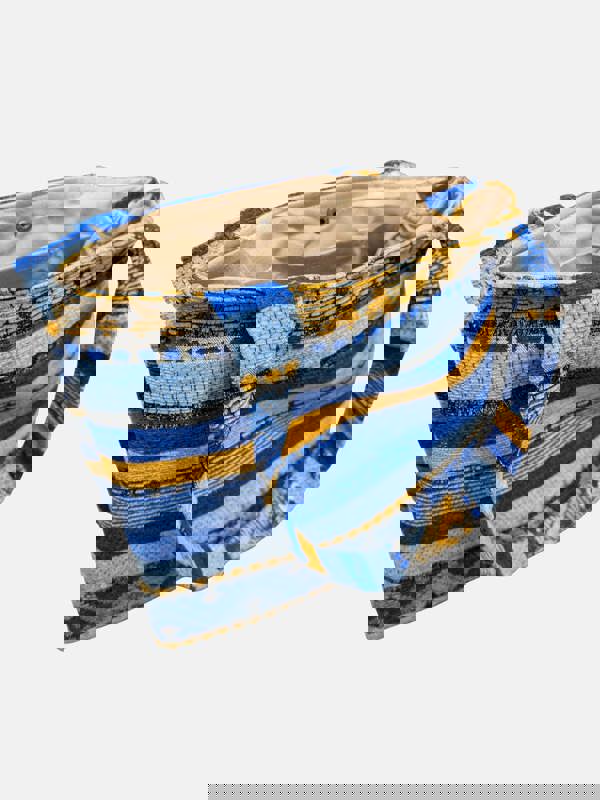 Berber Leather The Nador Small Expandable Fabric Tote in Blue and Yellow