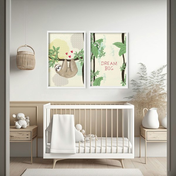 Bedroom jungle wall art for nursery | set of 2 Sloths art prints