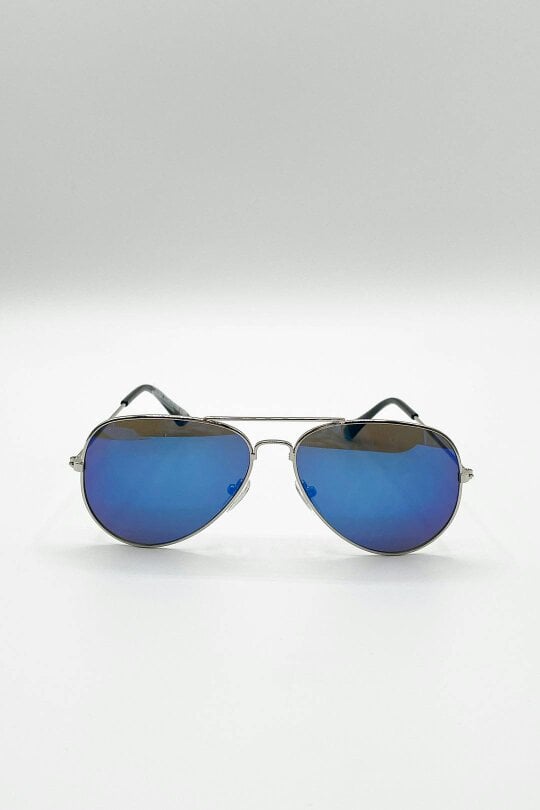 SVNX Kids Aviator Sunglasses Silver Frame With Blue Mirrored Lenses