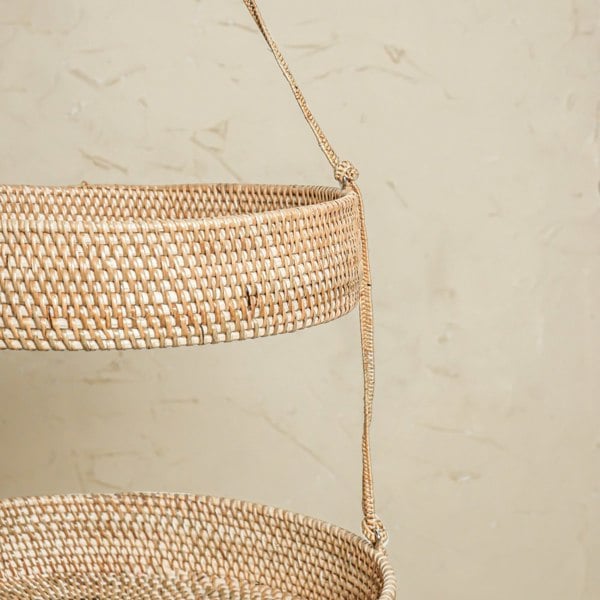 Honey brown rattan hanging kitchen basket counter organisation wicker