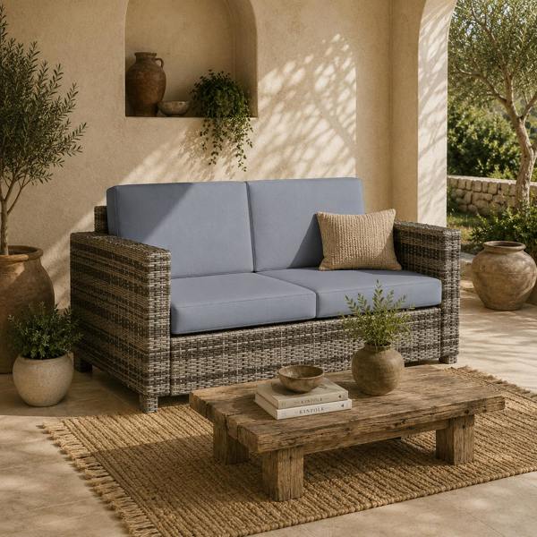 Wyld Haus Noluha Grey Rattan 2 Seater Outdoor Sofa With Armrests