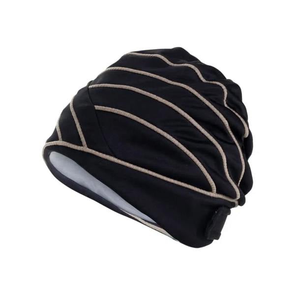 Fashy black and beige striped piped fabric swim cap