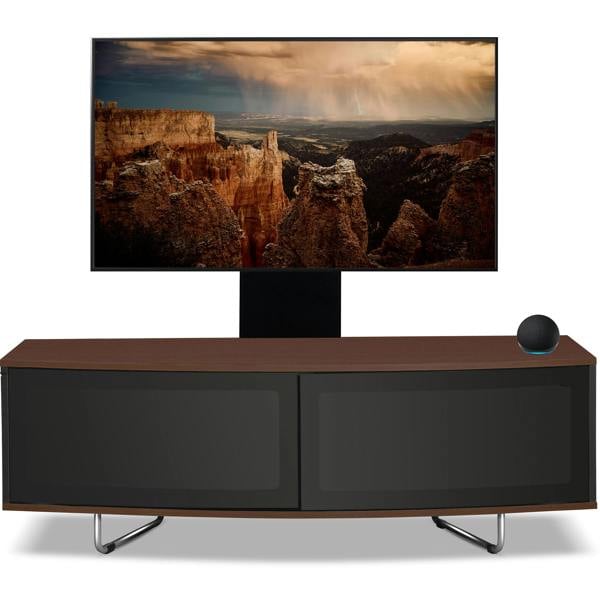 Homeology Caru Black Walnut Beam-Thru Remote Friendly Super-Contemporary D Shape Design 32"-65" LED/OLED/LCD TV Cabinet with Mounting Arm
