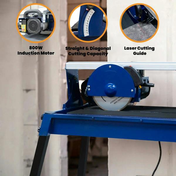 Wet tile cutter bench with 800W induction motor, featuring a blue frame, laser cutting guide, and adjustable cutting capacity
