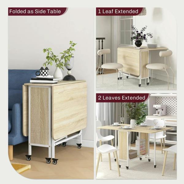 Natural wood side table with white frame, shown folded and with extended leaves