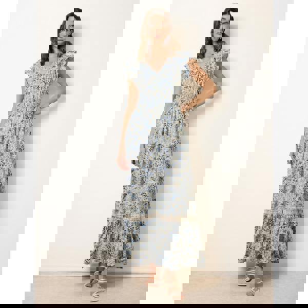 Blue Vanilla Ditsy Floral Print Shirred Waist Button Front Maxi Dress