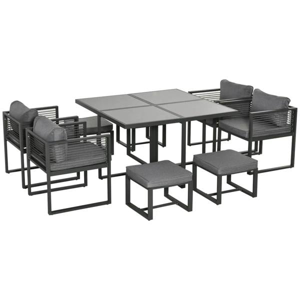 Grey aluminium garden furniture set with glass-top table and cushioned armchairs