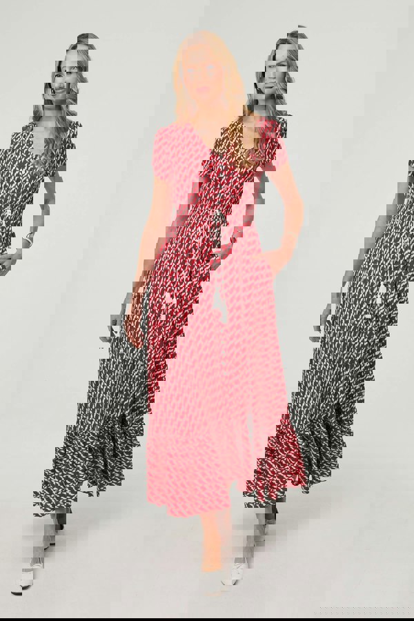 Red | Printed Smocked Tie Waist Maxi Dress
