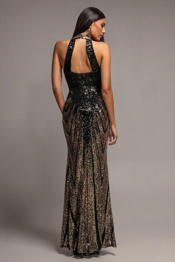 Goddiva Ombre Sequin Mosaic Halter Neck Maxi Dress - Gold by Goddiva