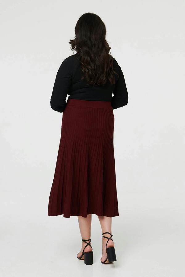 Red | Curve High Waist Pleated Knit Midi Skirt