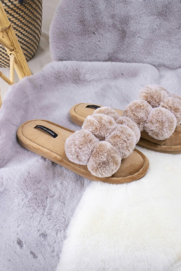 Dolly women's slider slippers in caramel with oversized faux fur pom poms from Pretty You London