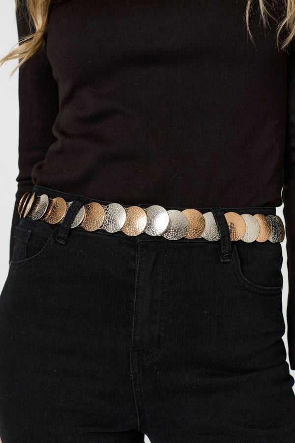 Silver | Two Tone Metallic Coin Detail Belt
