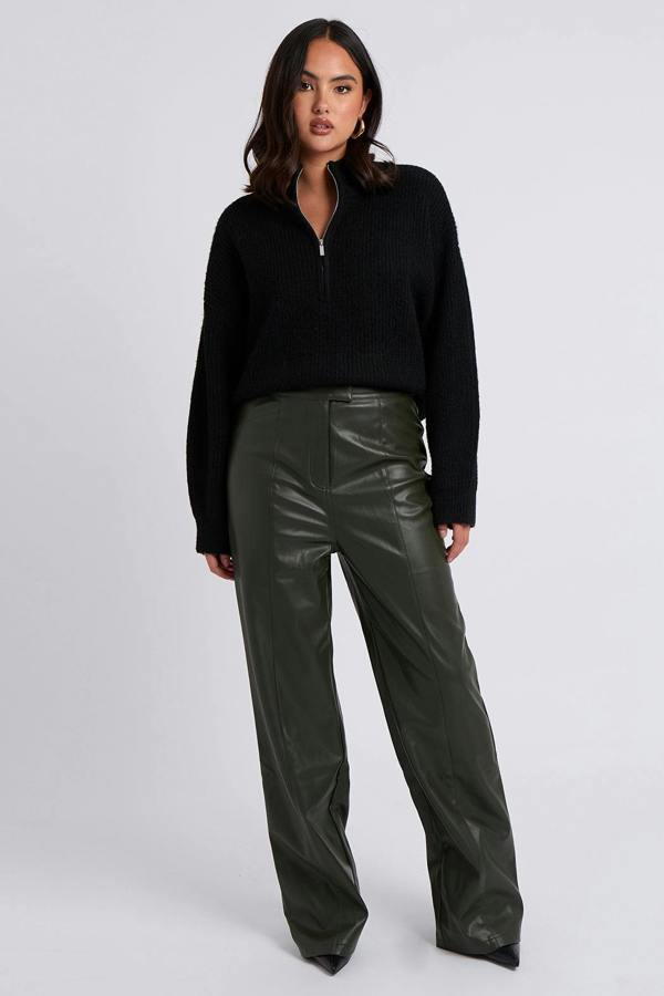 Urban Bliss Khaki Wide Leg PU Trouser