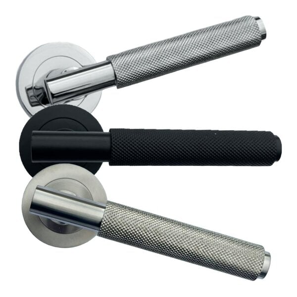 EDH Door Hardware Knurled Door Handles on Round Rose – Polished Chrome, Matt Black & Satin Nickel