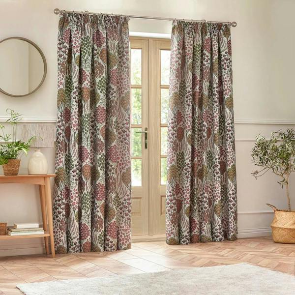 Wylder Ophelia Jacquard Floral Pencil Pleat Curtains - Rednut - 