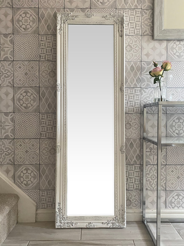 Downton Interiors Antique White Tall Ornate Dressing Wall Mirror with Bevelled Glass 142cm