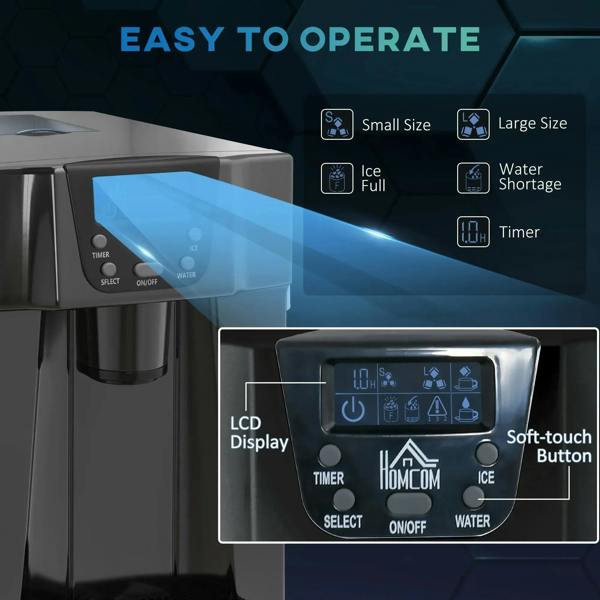 Black ice maker machine with LCD control panel and soft-touch button area close-up