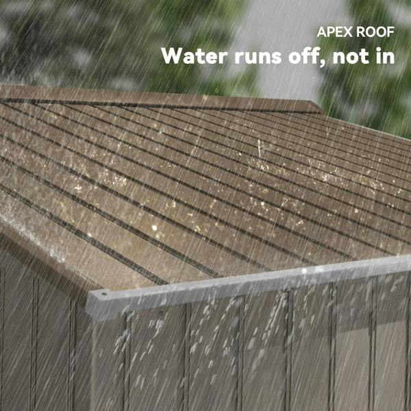 Brown metal shed roof showing water runoff along the roof edge