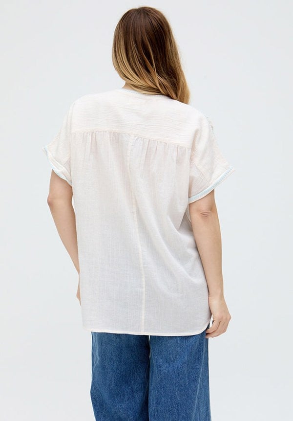 Raffya Juneeta Crop Sleeve Button Down Shirt - Cream