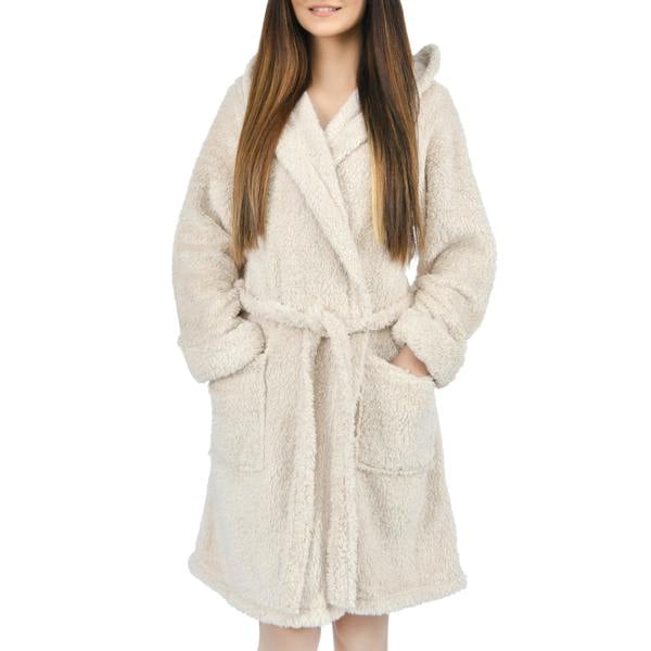 Smart Living Women's Faux Fur Fleece Hooded Bathrobe- Natural