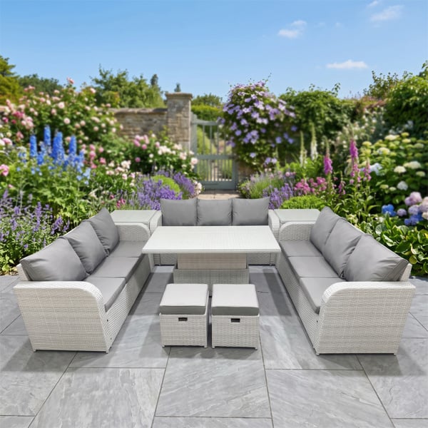 Fimous 11 Seater Rattan Garden Furniture Set with Adjustable Height Table, 3 Sofas, 2 Stools, 2 Side Tables - Light Grey