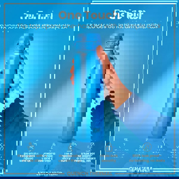 A blue water bottle is held; its flip top opens one-handed. The background is blue; text highlights features: "One Touch," "Flips open with a simple click," "One-handed use on the go," "Triple lock security," "100% leak proof - no twisting, no leaks," and "QUENCH THERMAL."
