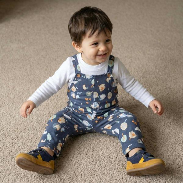 Mini Cuddles Baby Boys farm theme Dungaree Set, White & Blue