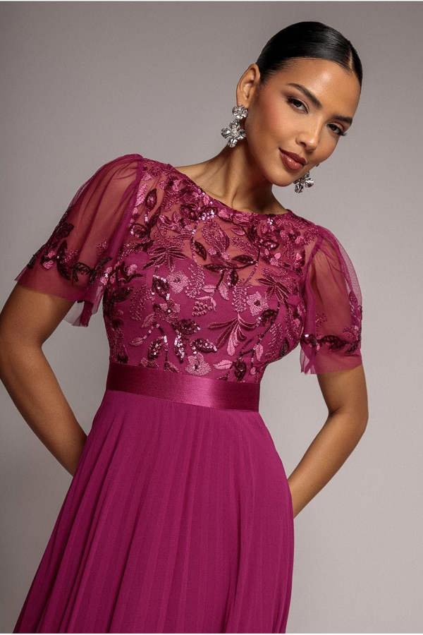 Embroidered Top Chiffon Pleated Midi - Magenta DR3802