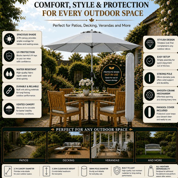 GlamHaus Tilting Garden Parasol Table Umbrella 2.7M with Crank Handle, UV40 Protection, Free Protection Cover - Light Grey
