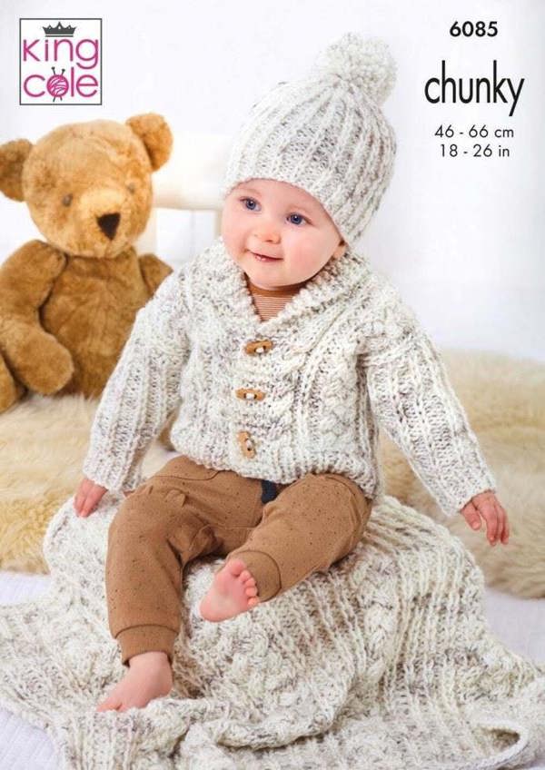 King Cole Bumble Chunky Knitting Pattern 6085, Jackets, Cardigans, Waistcoats, Headwear, Blankets for Baby, Kids, 18 - 26 Inches