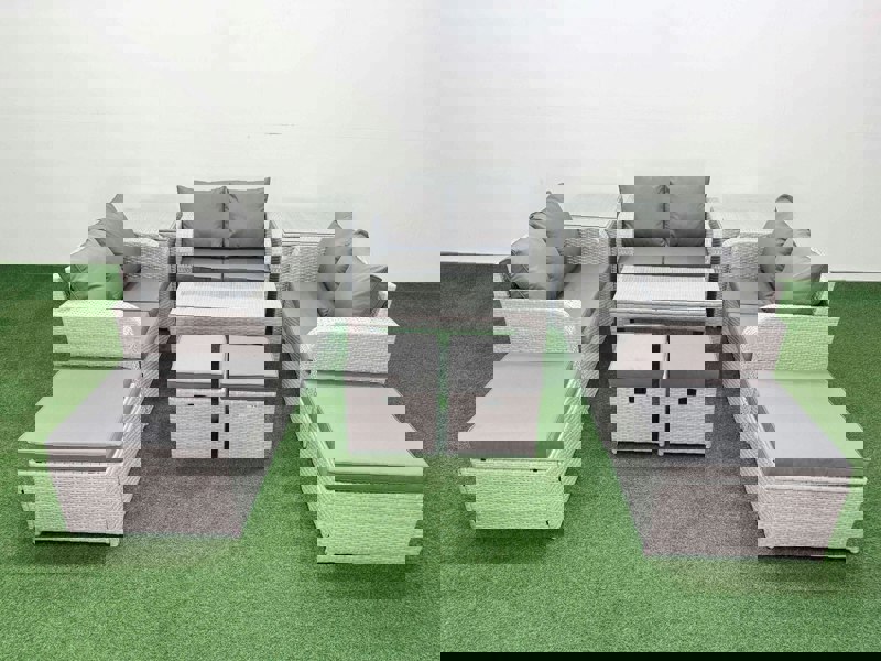 Fimous PE Wicker Rattan Furniture Sofa Sets with Oblong Coffee Table Love Sofa 4 Stools 2 Side Table Light Grey Mixed