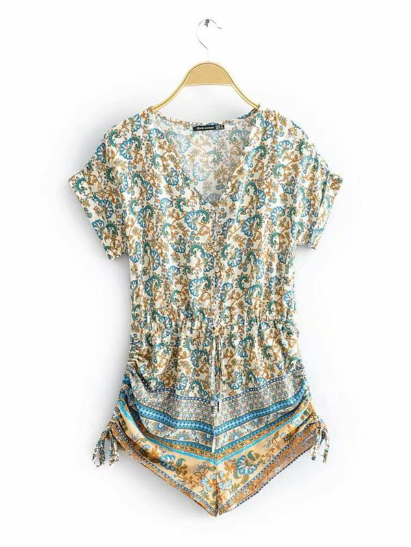 FS Collection Playsuit With Drawstring Detail In Blue Mixed Print