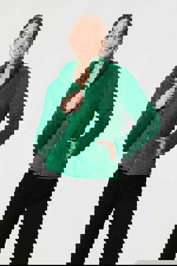 Green | Soft Texture Zip Front High Neck Fleece
