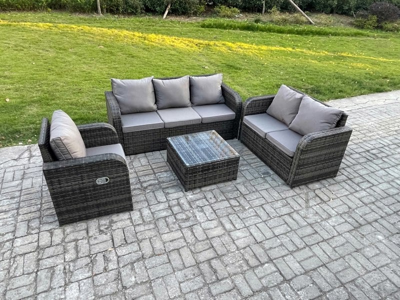 Fimous Rattan Garden Furniture 4 Piece Patio Set With Table Sofa Square Coffee Table Reclining Chair Loveseat sofa