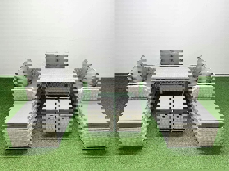 Fimous PE Rattan Lounge Sofa Set 10 Seater Outdoor Garden Furniture Set with Dining Table Love Sofa 2 Big Footstools 2 Small Stool Light Grey