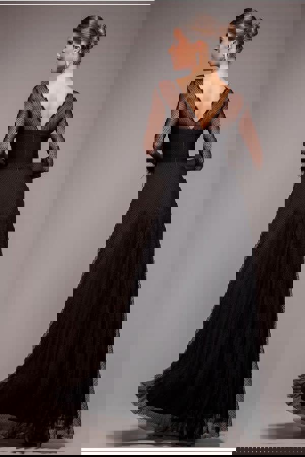 Dobby Mesh Feather Sleeve Hem Maxi Dress - Black DR4046