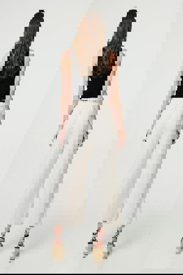 Beige | Elasticated Waist Crop Wide Leg Trousers
