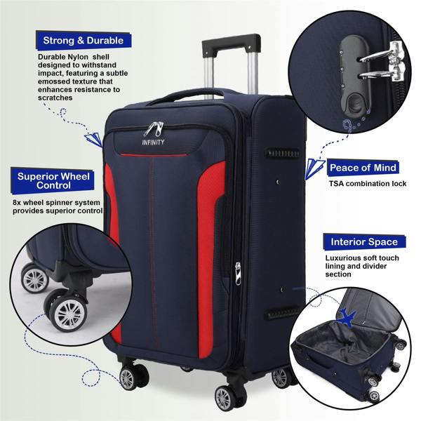 Infinity Luggage Soft Cabin Suitcase 36.5 x 23.5 x 58 cm Nylon 900D Suitable Integrated Lock for Easyjet, Ryanair, Wizzair