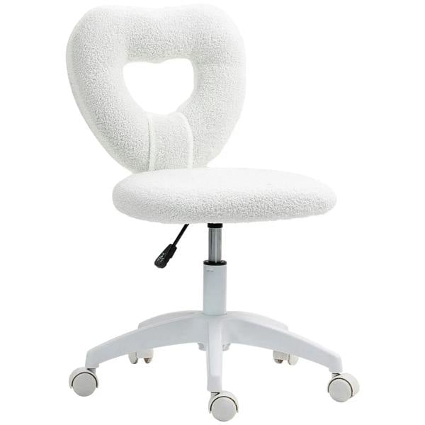 White armless teddy fleece swivel office chair with round seat, wheeled base