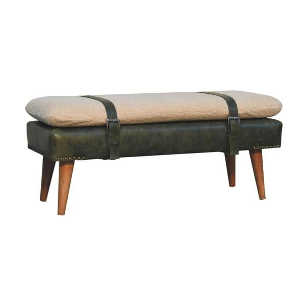 Artisan Furniture Bouclé Buffalo Hide Olive Green Leather Bench