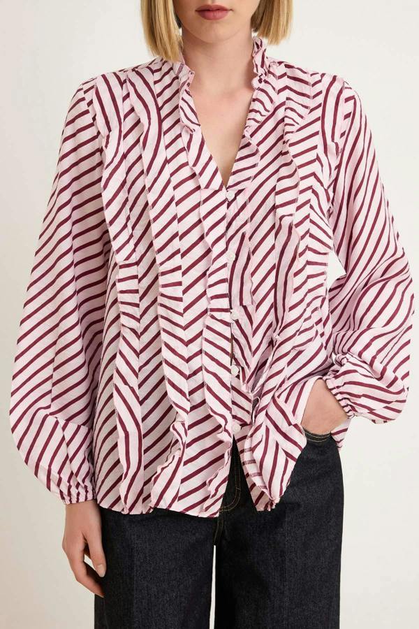 WOVCOR V Neck Long Sleeve Frill Detail Woven Shirt