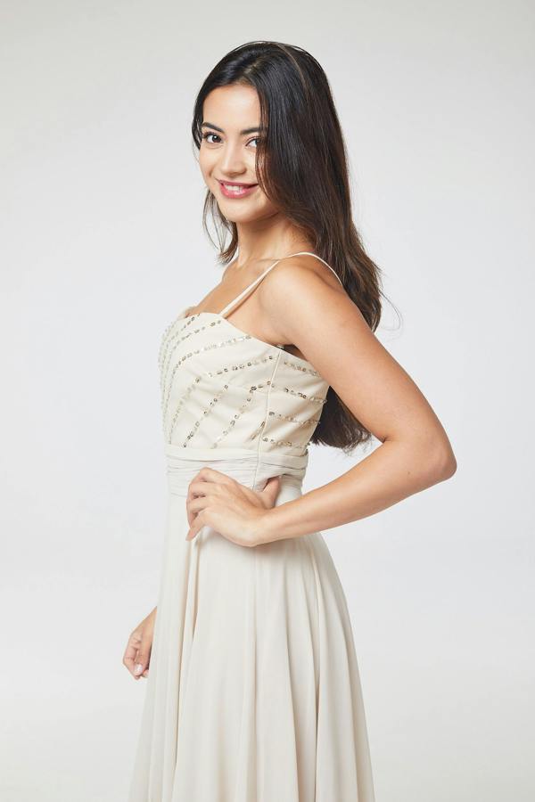 LuvForever Nude Sequin Asymmetric Long Dress