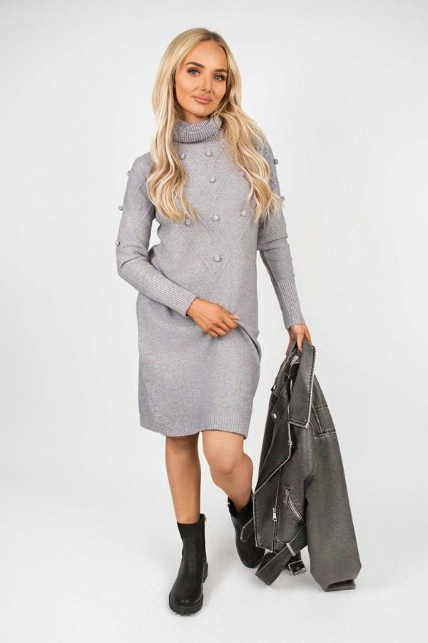 Ivanya High Neck Long Sleeve Knitted Jumper Dress With Bobble Detail - Grey