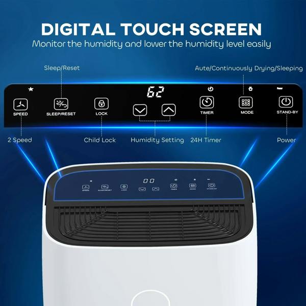 White portable dehumidifier with digital touch control panel and LED indicators