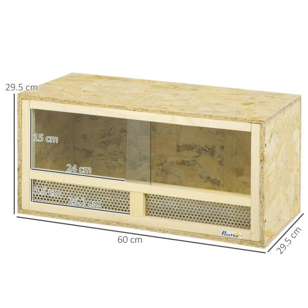 Natural wood reptile terrarium, 60 x 29.5 x 29.5 cm, mesh front and sliding glass